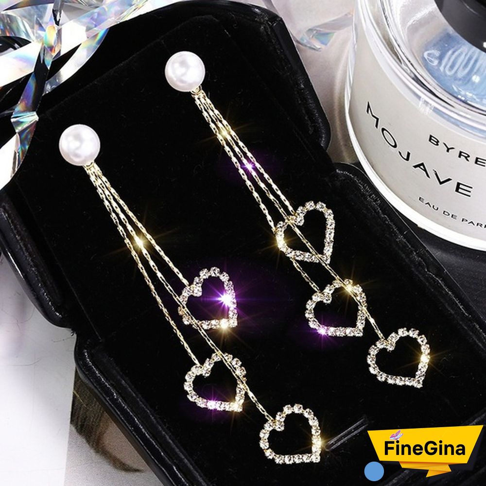 Heart Zircon Tassel Earrings, Tassel Sterling Silver Earrings, Dangle Heart Earrings, Romantic Jewelry for Woman, Woman Gift