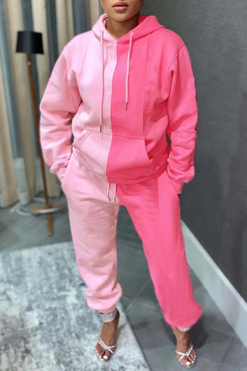 Pink Casual Solid Patchwork Hooded Collar Long Sleeve Two Pieces | EGEMISS