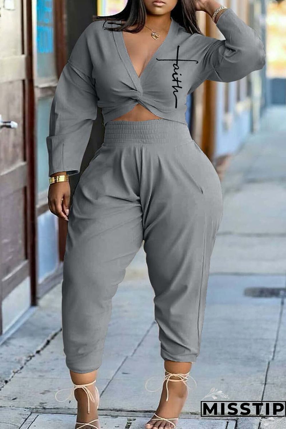 Beige Casual Print Patchwork V Neck Long Sleeve Two Pieces