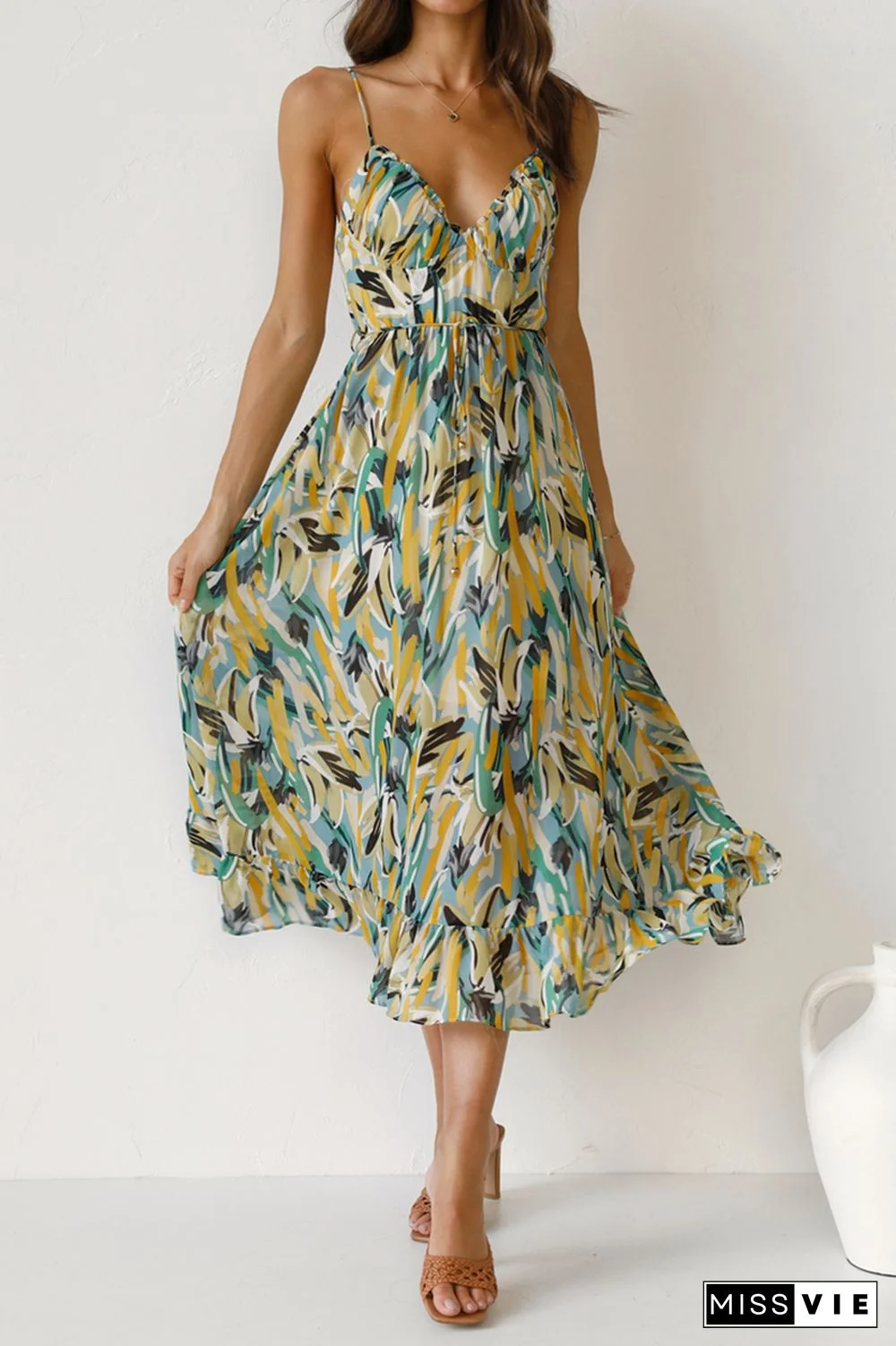 Fashion Print Patchwork Spaghetti Strap Cake Skirt Dresses