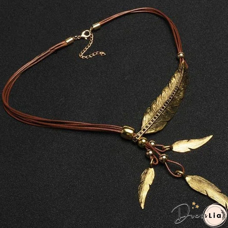 Fashion New Gold Color Boho Style Rope Chain Leaf Feather Pattern Pendant Ladies High Jewelry Choker Personality Necklace