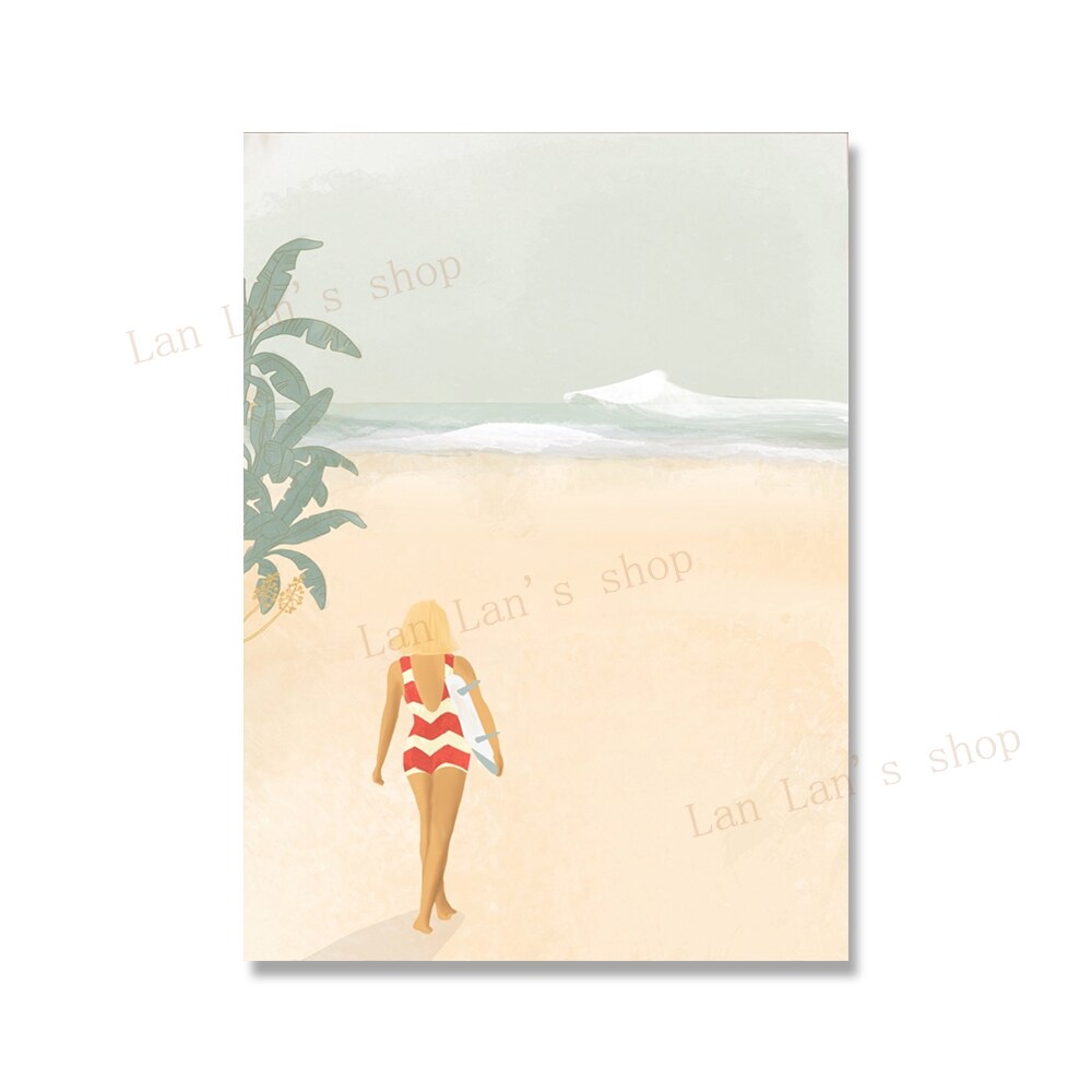 Water Ski Surf Swimming Beach Canvas Painting Printed Hawaiian Ocean Landscape Pastel Poster Nordic Living Room Home Wall Decor