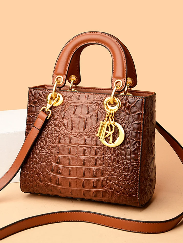 Crocodile Pattern Metal Letter Decor Handheld Shoulder Bag