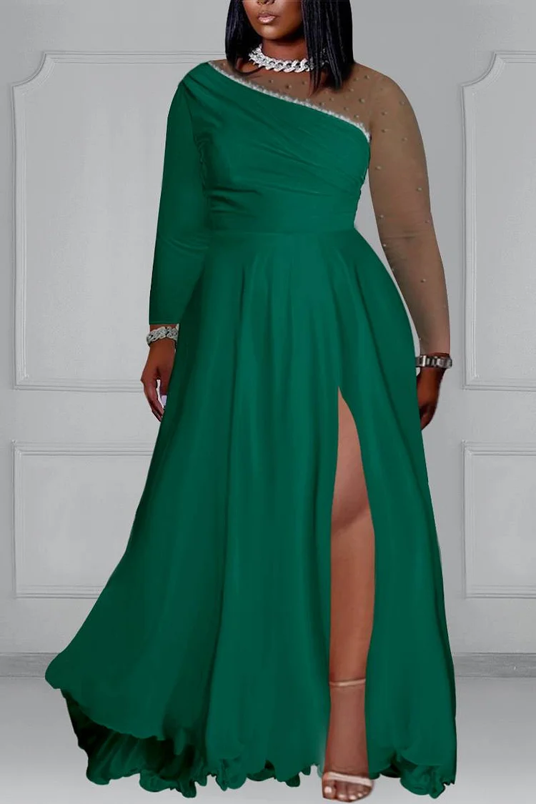 Xpluswear Plus Size Green Long Sleeve High Slit Satin Evening Maxi Dress 