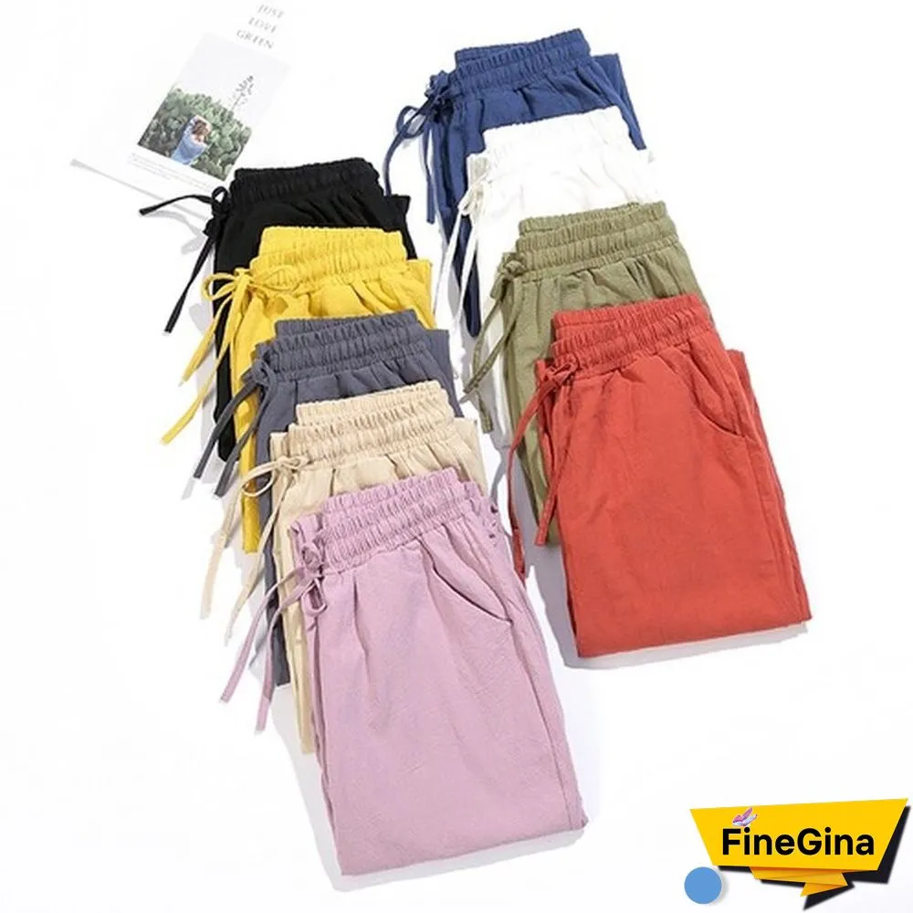 Woman Summer Harem Pants Vintage Candy Colors Cotton Linen Wide Leg Pants Solid Elastic Waist Ankle-length Capris Trousers