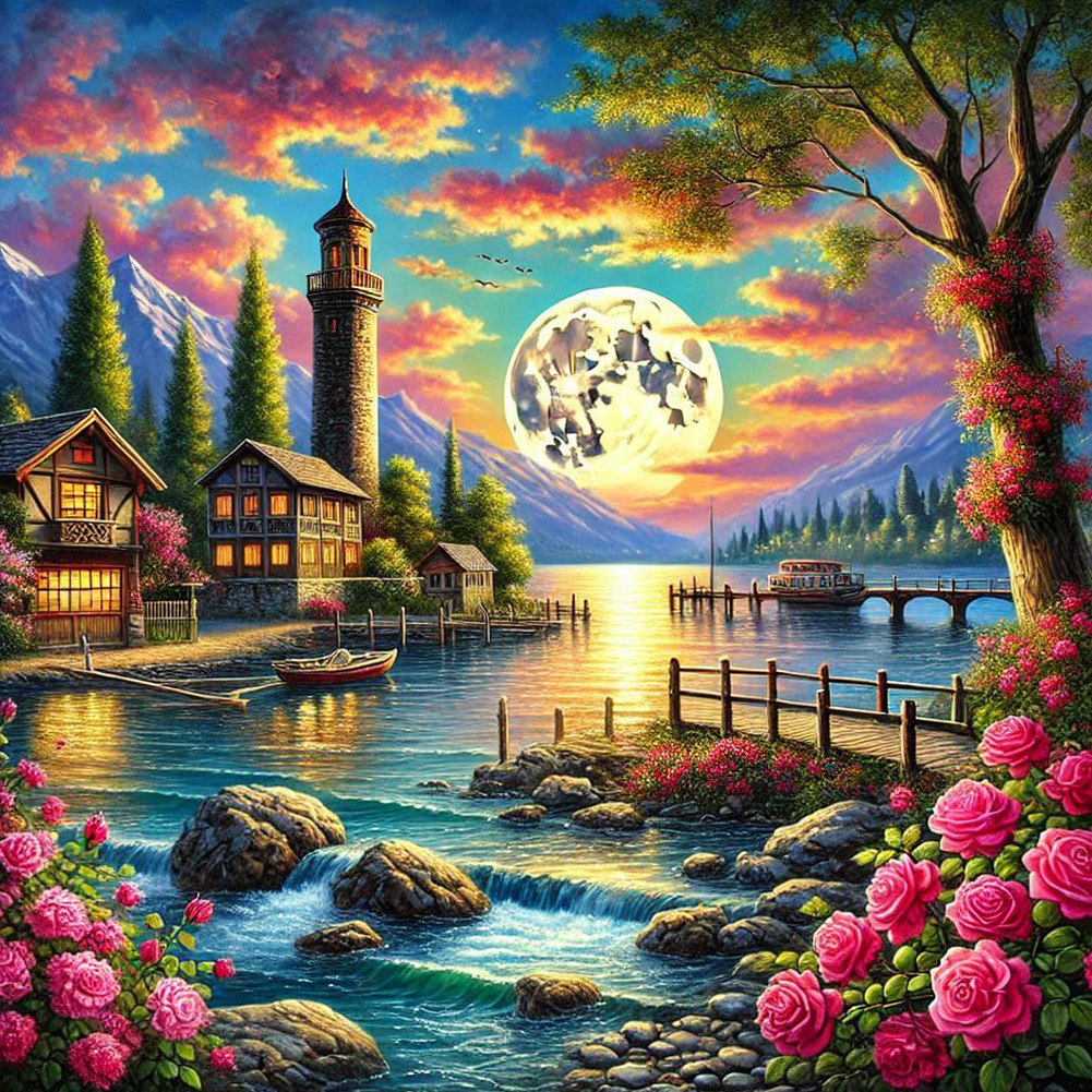 Riverside Cottage Under The Moonlight 50*50cm(canvas) full round drill diamond painting