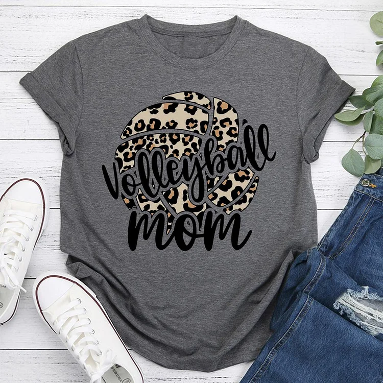 Volleyball Mom Leopard Round Neck T-shirt-Annaletters