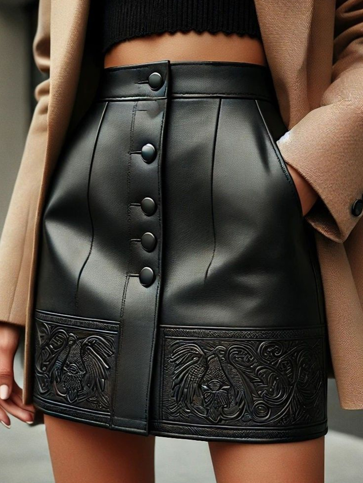 Ursime PU Leather Button Pocket Patterned Mini Skirt