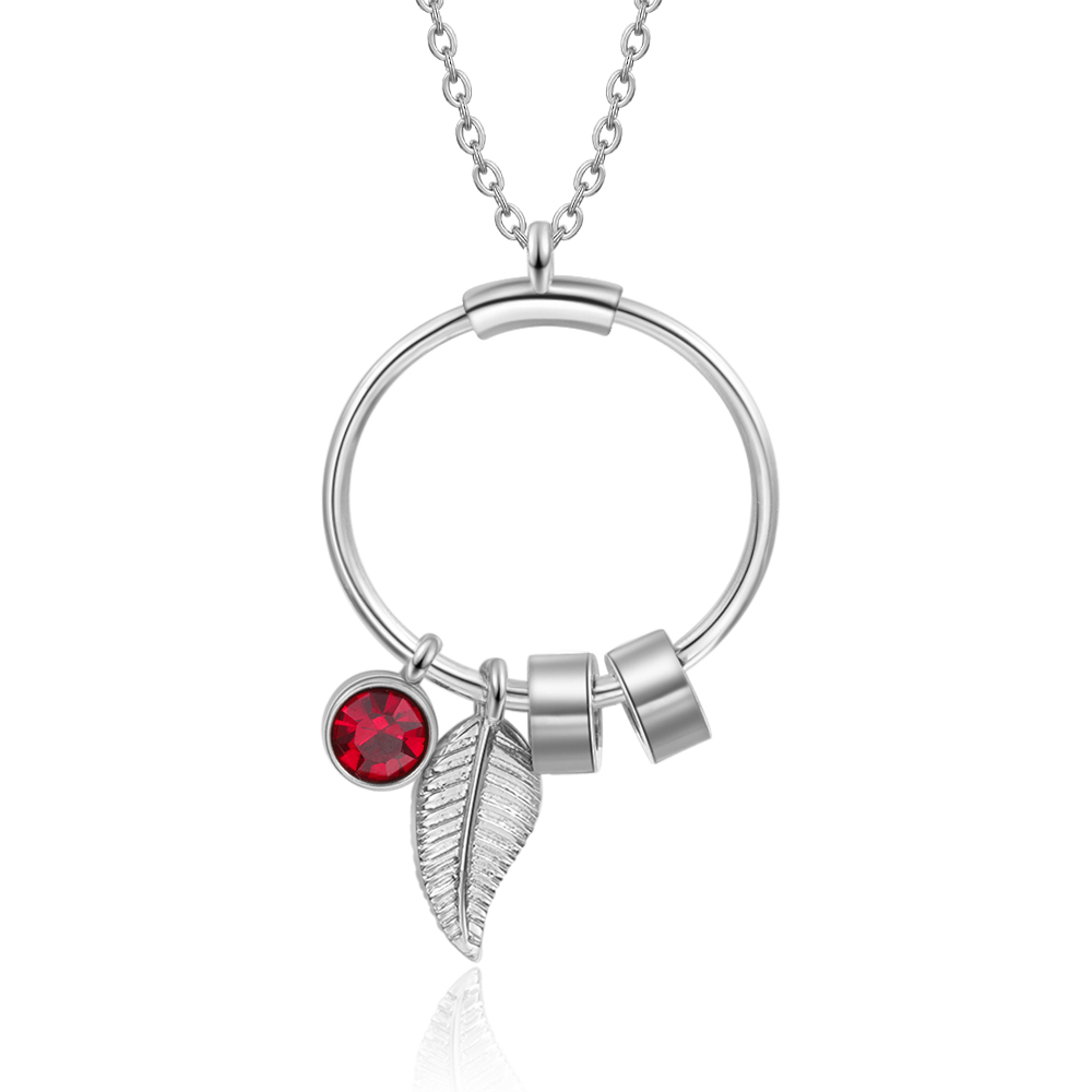 Collana con ciondolo foglia e cerchio 2 nomi e 2 pietre di nascita personalizzati regalo per donna