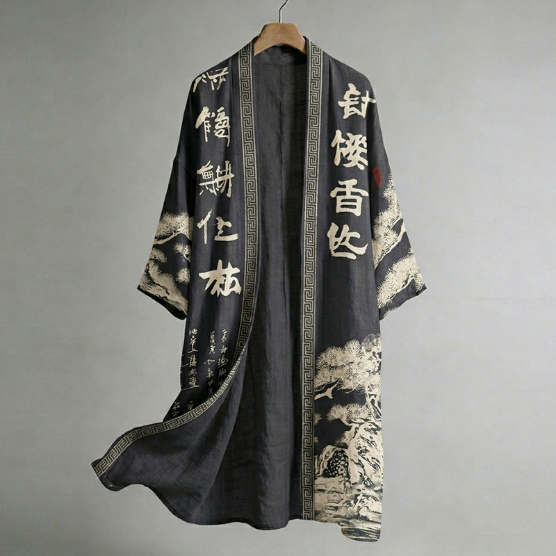 Men's Japanese Pine Tree Calligraphy Linen Long Kimono  artssus