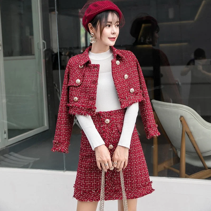 Fall Winter Small Fragrance Vintage Tweed Two Piece Set Women Single-Breasted Woolen Short Jacket Coat + Mini Skirt 2 Piece Set