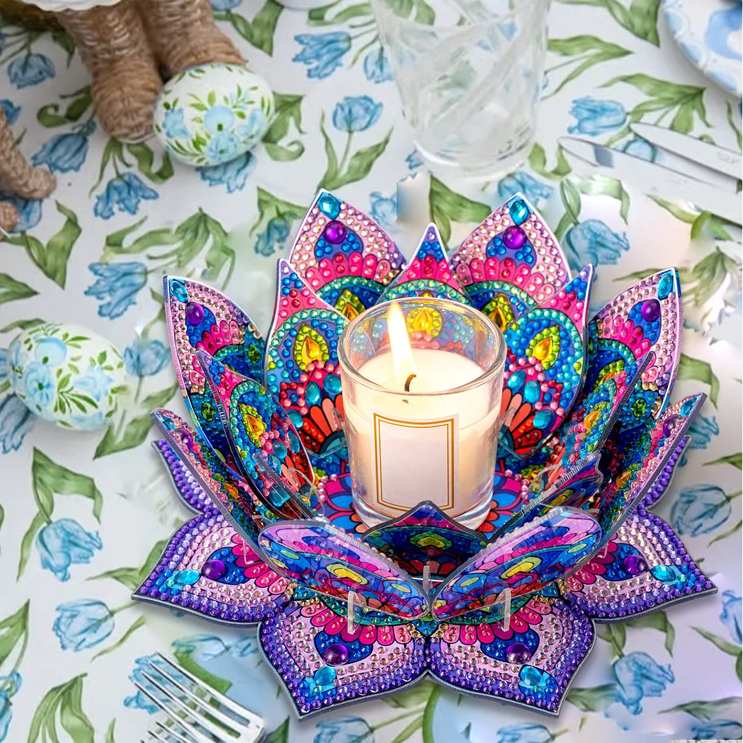 5D DIY Diamond Art Painting DIY Acrylic Desktop Ornament Flower Candle Holders Tealight Handmade Home Office Decor for Adults Beginners (Purple Lotus-A)