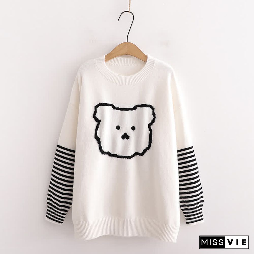 Cartoon Bear Pattern Stripe Sleeve Knit Sweater
