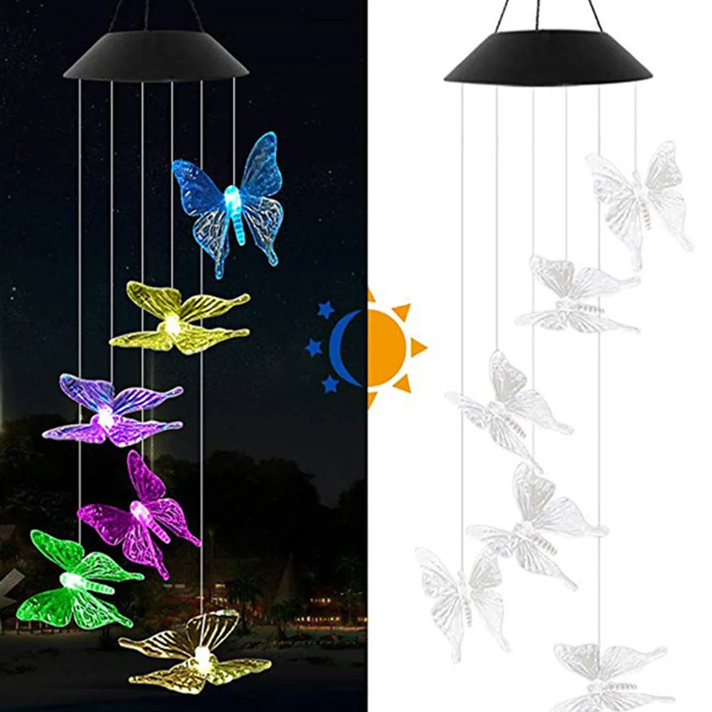 Solar Butterfly Wind Chime Night Light Outdoor Garden Decor