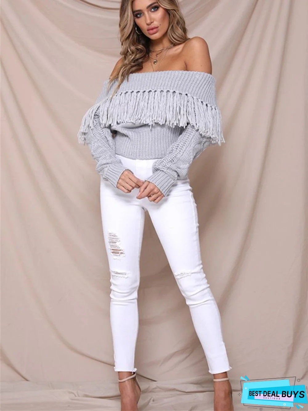 One-Shoulder Tassel Off-The-Shoulder Sexy Long-Sleeved Sweater