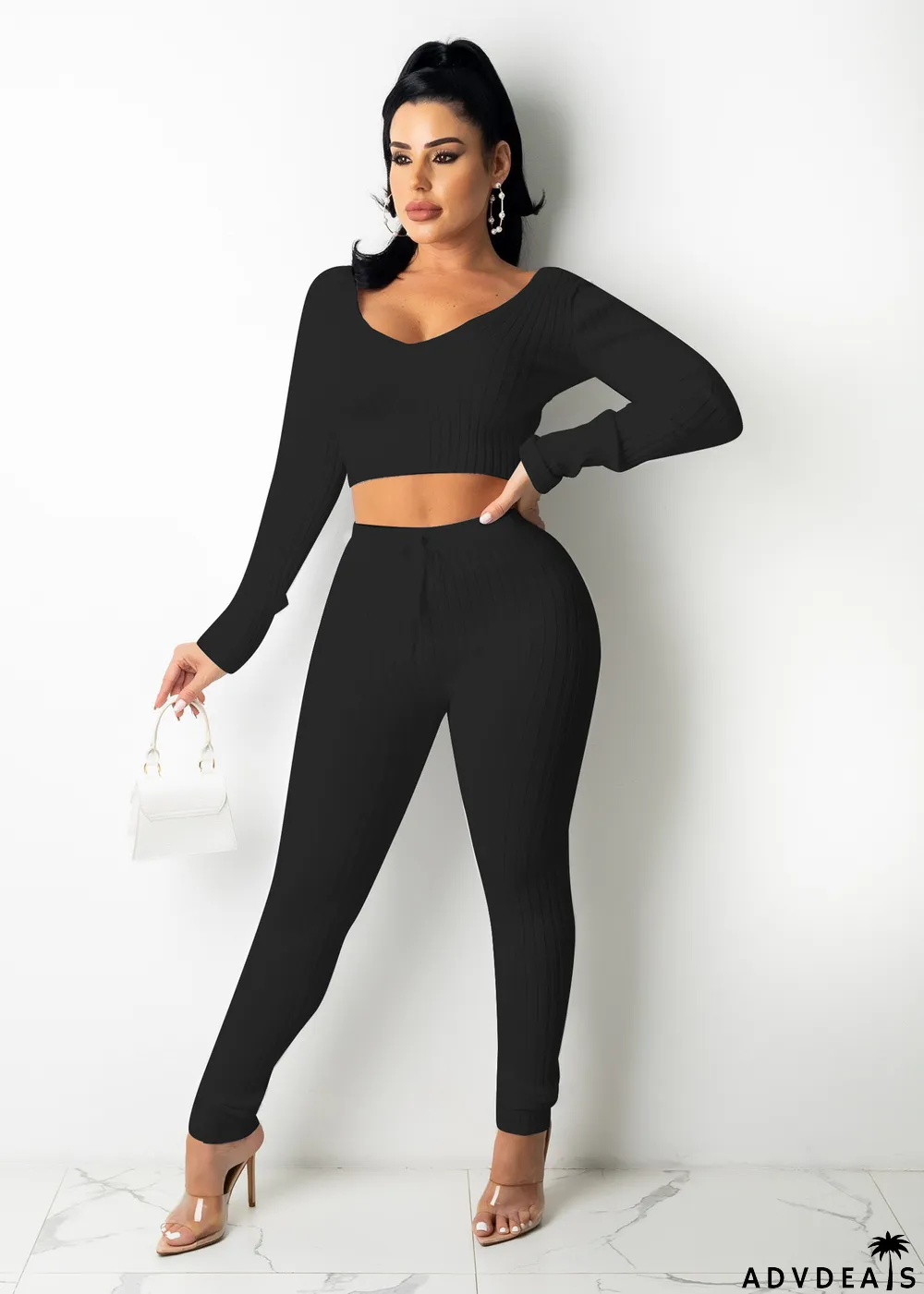 Women's Solid Color Sexy Ribbed V-Neck Two Piece Set