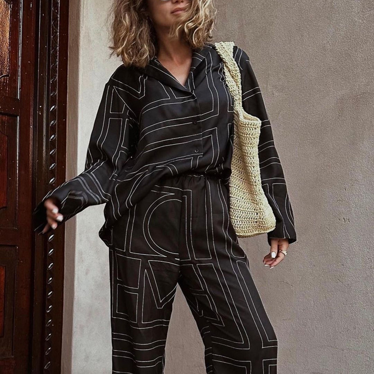 Ootddress Casual Patchwork Printed 2 Piece-Set For Women Trousers Fashion Lapel Shirts Nightwear Slim High Waist Women's Pants Sets