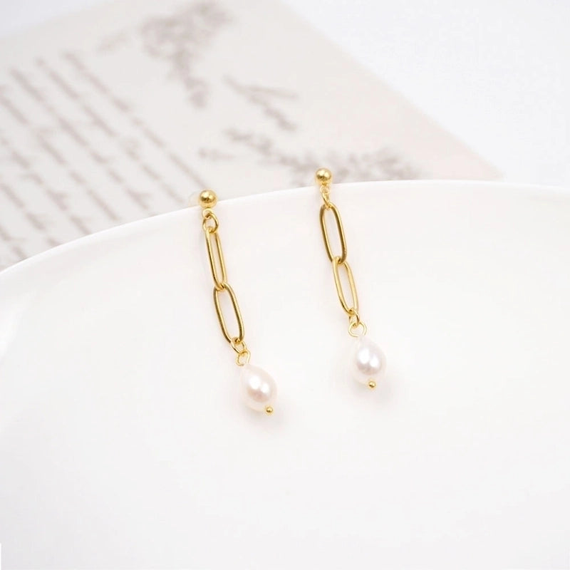 1 Pair Casual Vintage Style Minimalist Geometric Handmade Freshwater Pearl Titanium Steel Gold Plated Drop Earrings