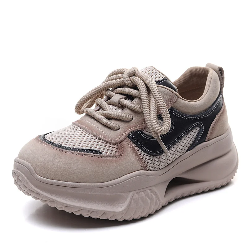 Yyvonne Layer Kraft Mesh Breathable Thick Base Old Dad Shoes 2025 Spring Sports Casual Shoes Women Comfortable Soft Sole Single Shoes