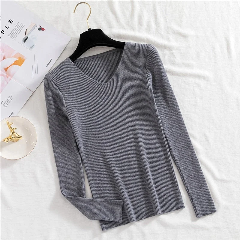 Zoki Sexy V Neck Women Pullover Sweater Fashion Autumn Winter Long Sleeve Knitted Jumper Top Casual Korean Slim Basic Blouse