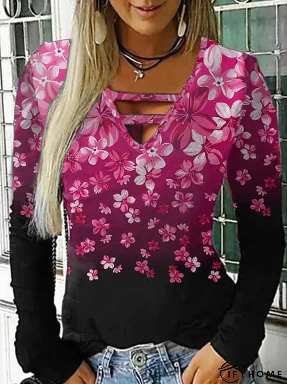 Floral V Neck Long Sleeve Sexy Tunic T-Shirt | IFYHOME