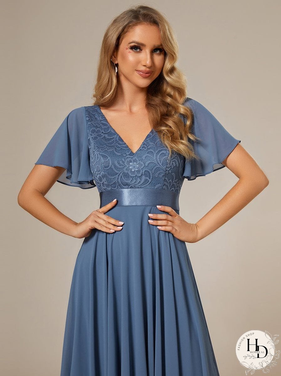 V-Neck Asymmetrical Dress with Short Sleeves