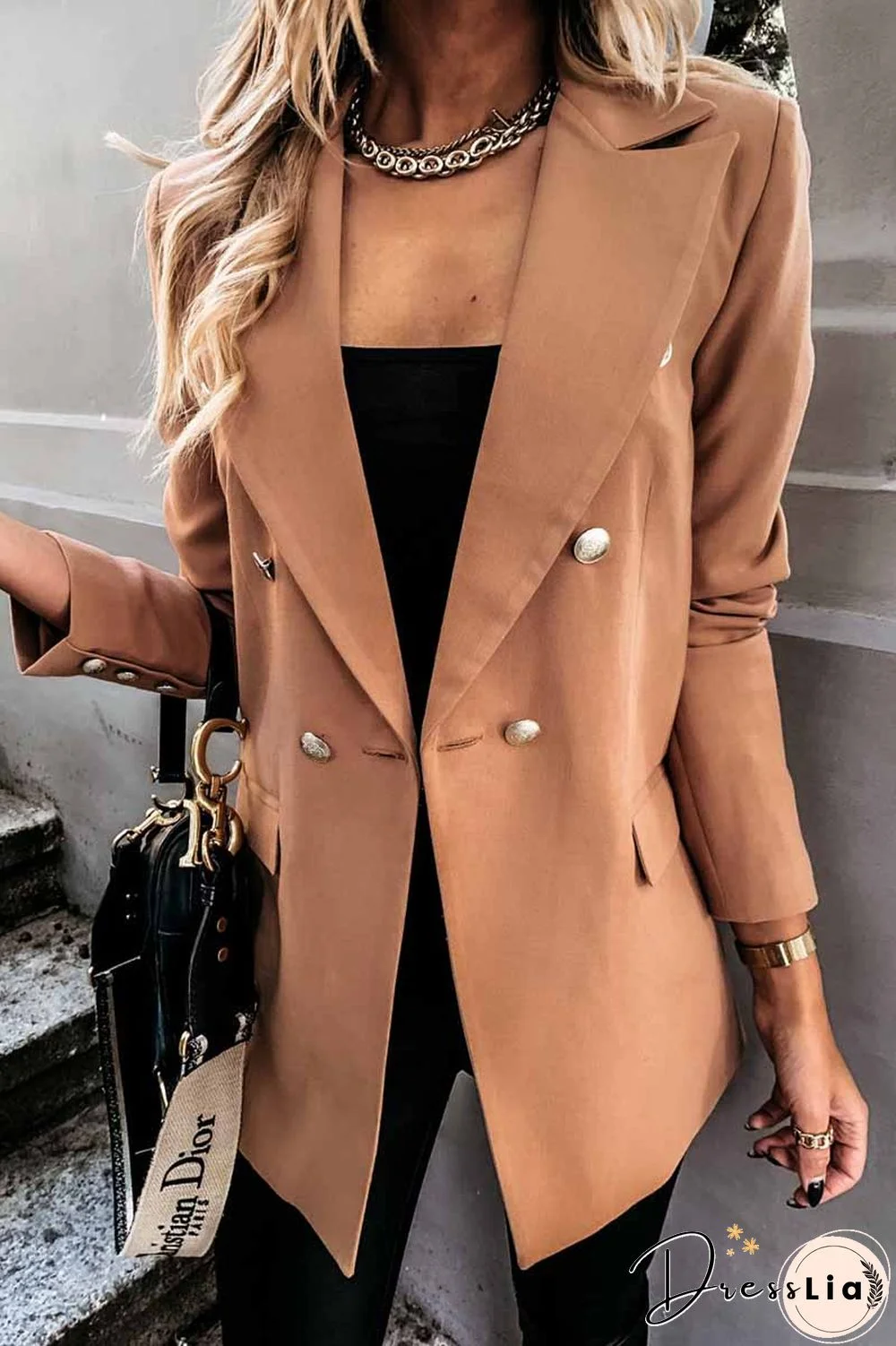 Solid Color Long-Sleeved Double-Breasted Blazer Tops（4 Colors）