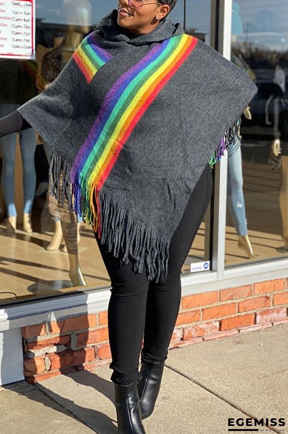 Dark Gray Scarf Collar Rainbow Patchwork tassel Others Long Sleeve | EGEMISS