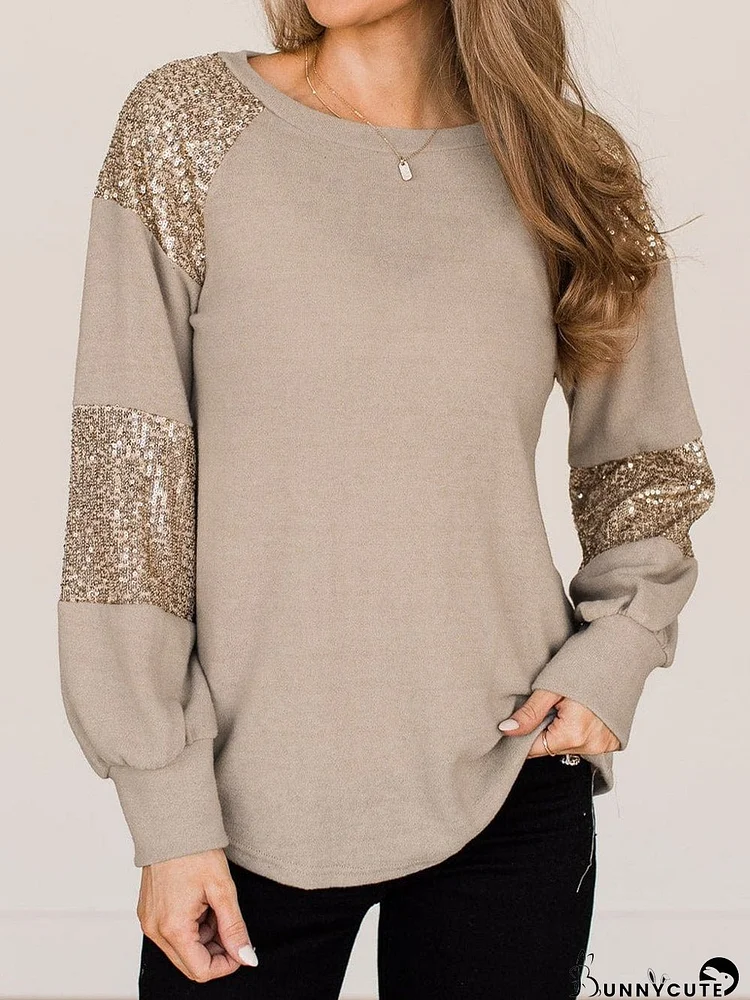 French Beige Sequin Embellished Long Sleeve Blouse