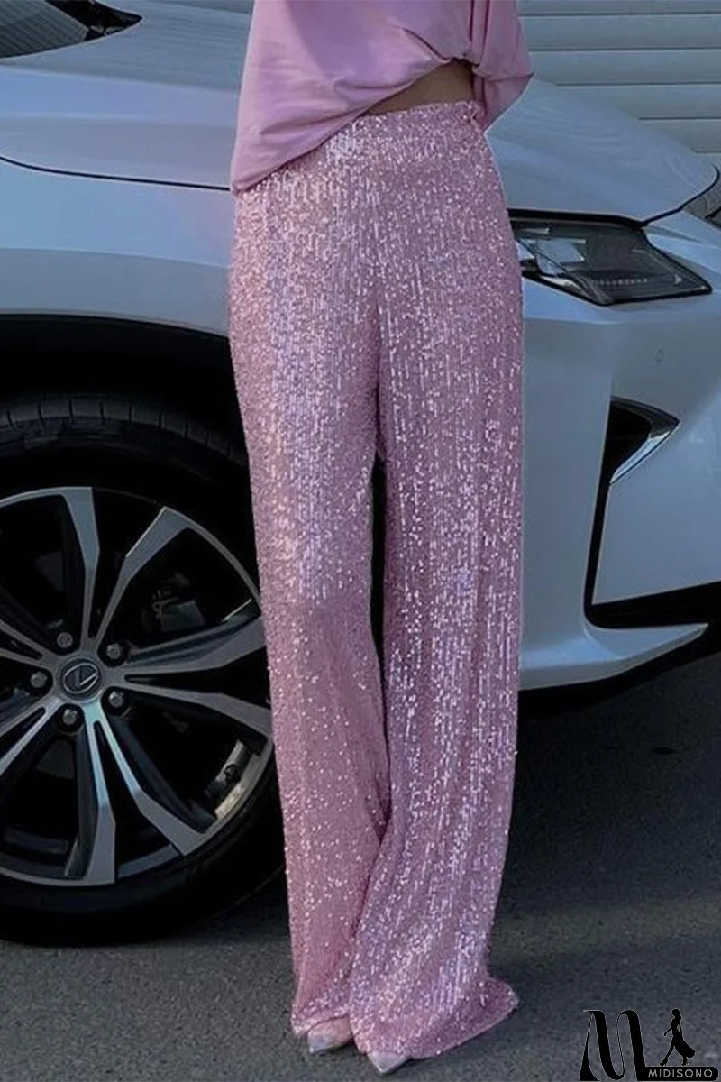 MidiSono - Casual British Style Solid Sequins Loose Low Waist Straight Solid Color Bottoms