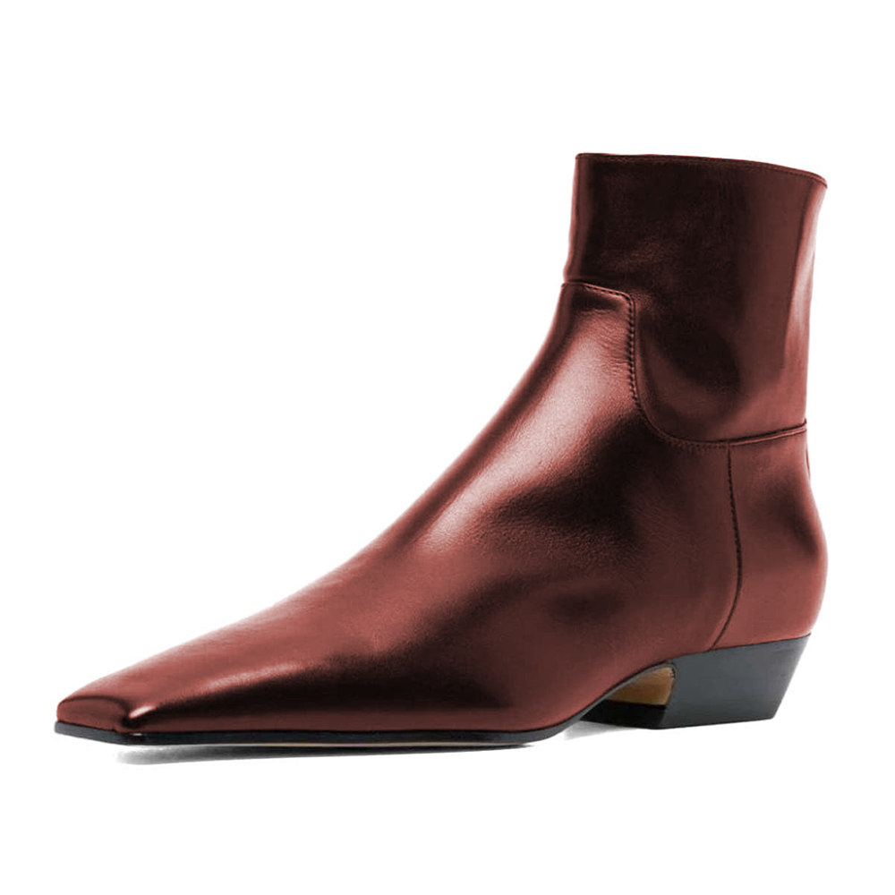 Maroon Vegan Leather Zip Square Toe Booties for Women with Chunky Heel Nicepairs