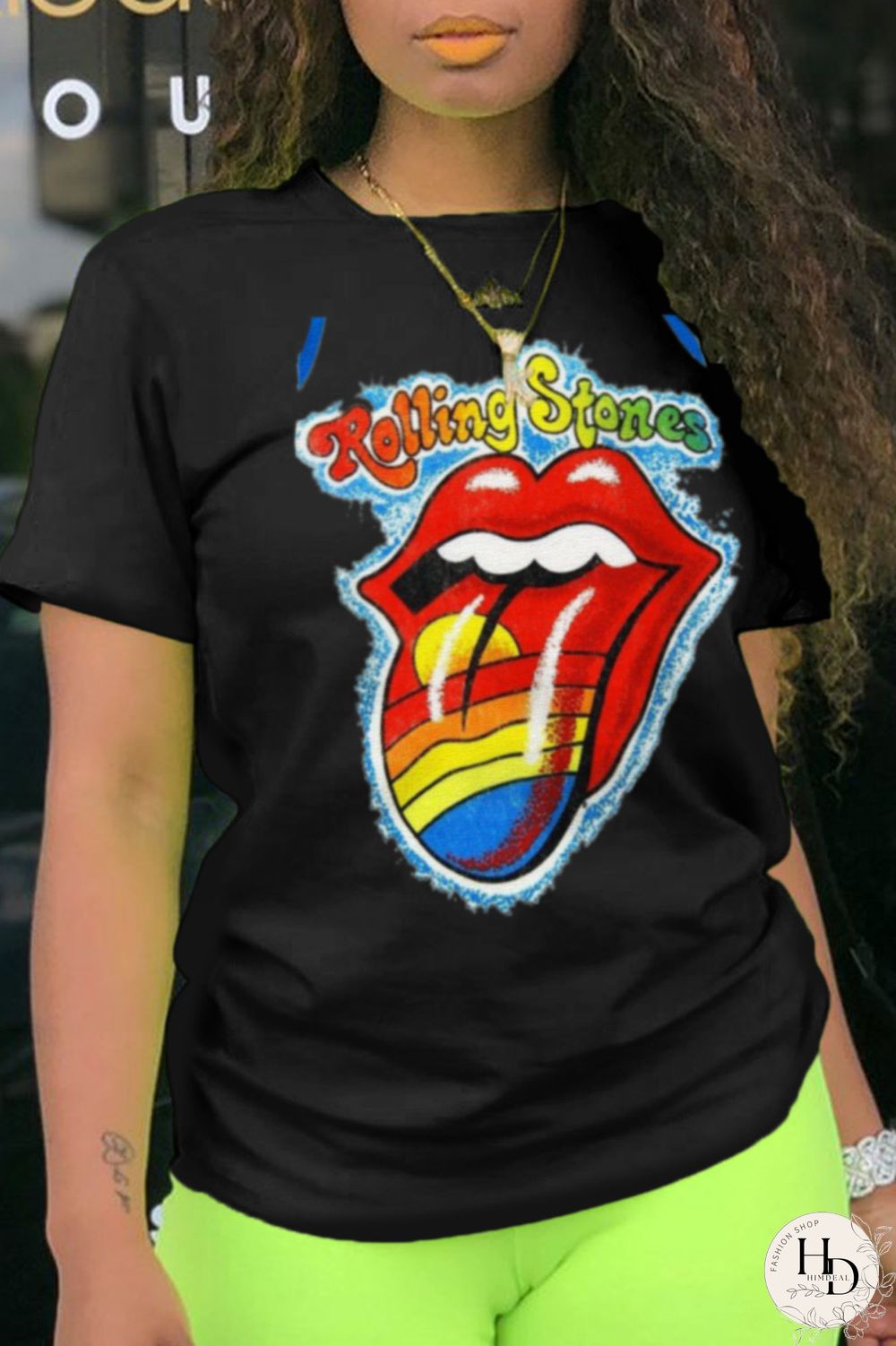 Black Fashion Casual Lips Printed Patchwork O Neck T-Shirts