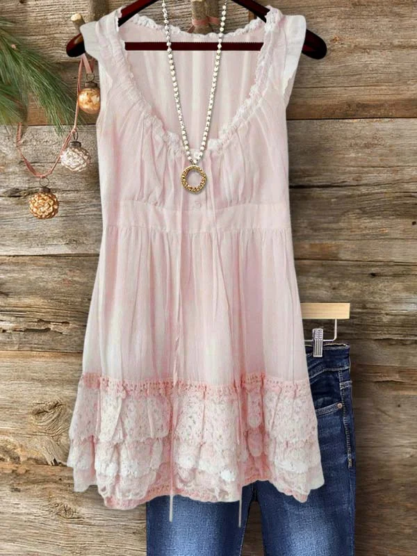 Casual Lace Patchwork Ruffle Top