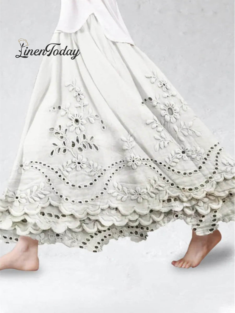 Women&rsquo;s Vintage Floral Art Pattern Solid Color Loose Elegant 3D Printed Cotton And Linen Skirt