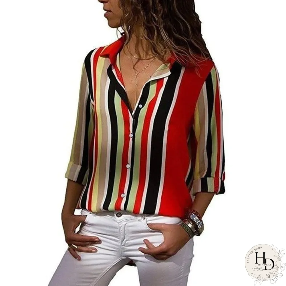 Women Color Block Striped Shirt Elegant Casual Long Sleeve Blouse