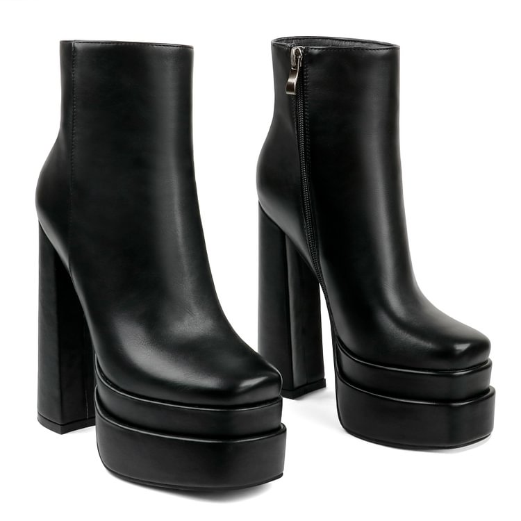 150mm Women's Double Platform Fashion Chunky Heels With Square Toe Side Zipper Boots VOCOSI VOCOSI