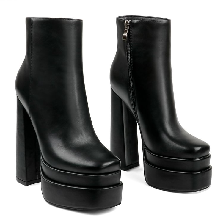150mm Women's Double Platform Fashion Chunky Heels With Square Toe Side Zipper Boots