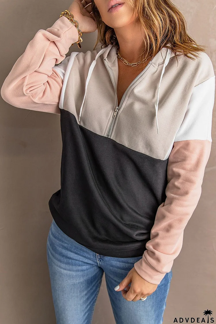 Pink Colorblock Quarter Zip Pullover Hoodie