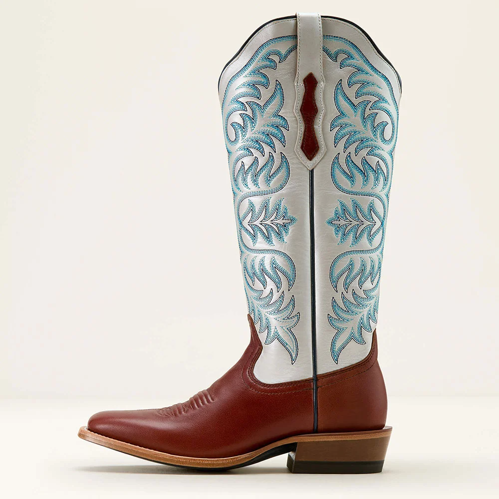 Brown & White Square Toe Embroidered Pull-On Western Boots for Women