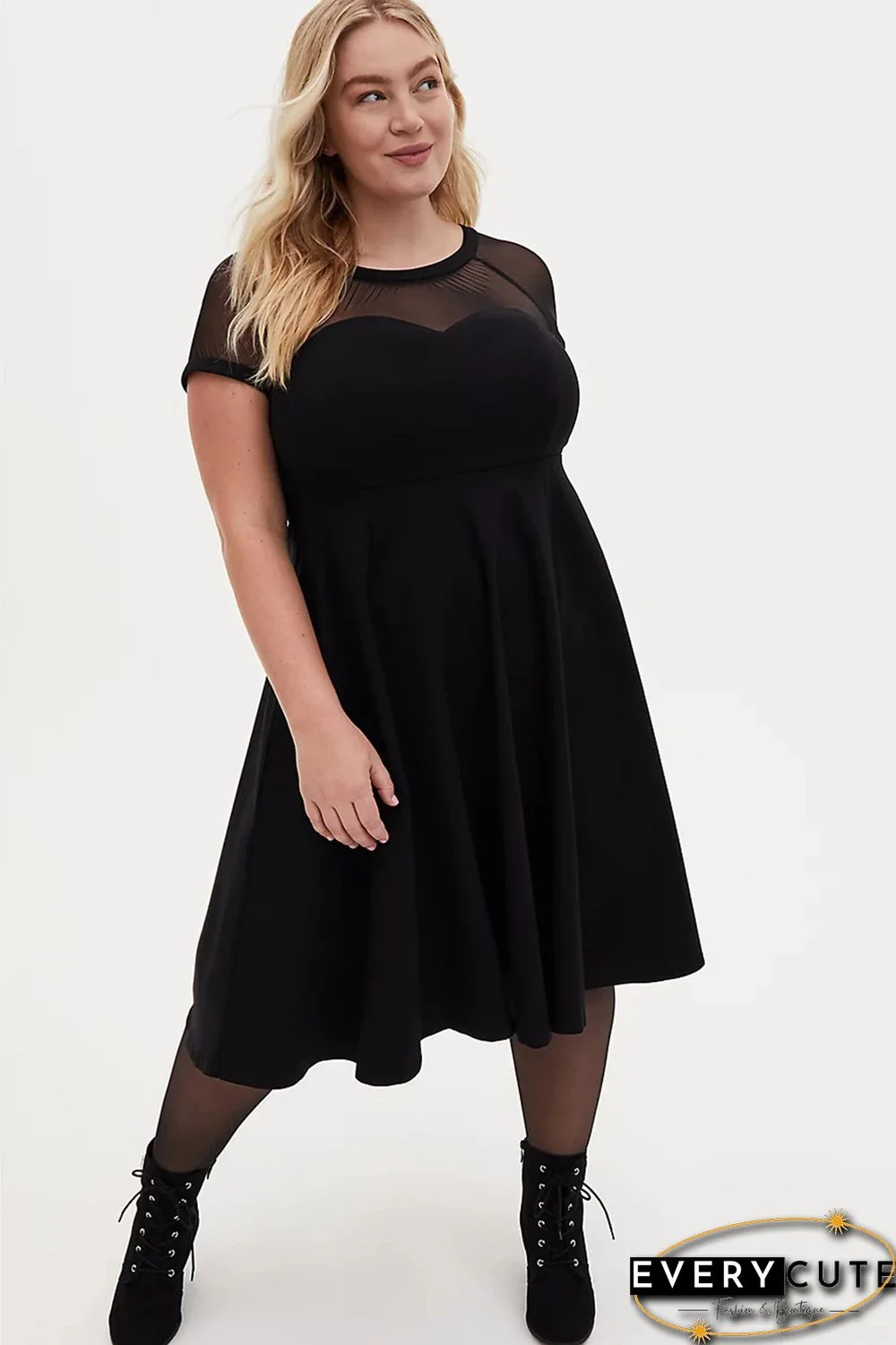 Black Mesh Crew Neck Short Sleeve High Waist Plus Size Midi Dress