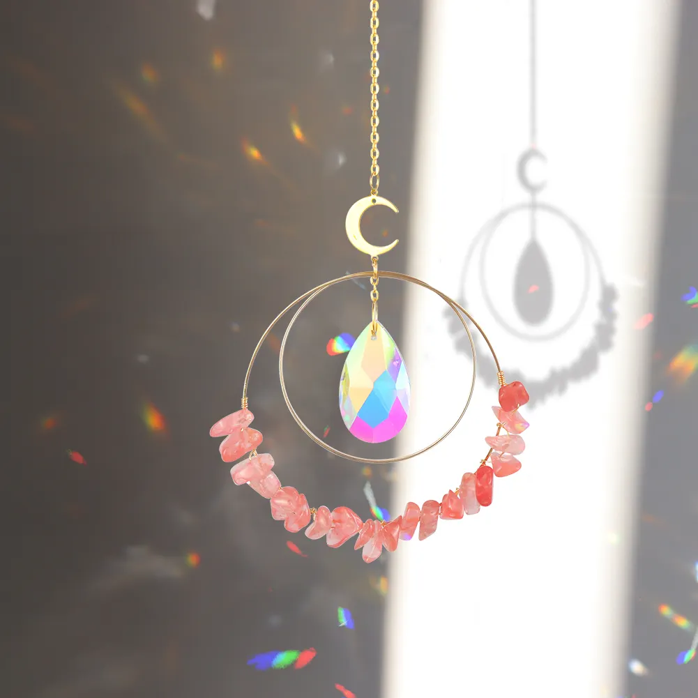 Crystal Sunlight Trapping Windchime Prism Light Catching Pendant (Pink)