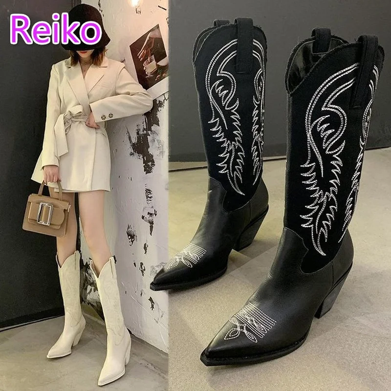 white cowboy boots 2021 autumn and winter long but knee western boots Plus Size Embroidered Vintage Roman Western Cowboy Boots