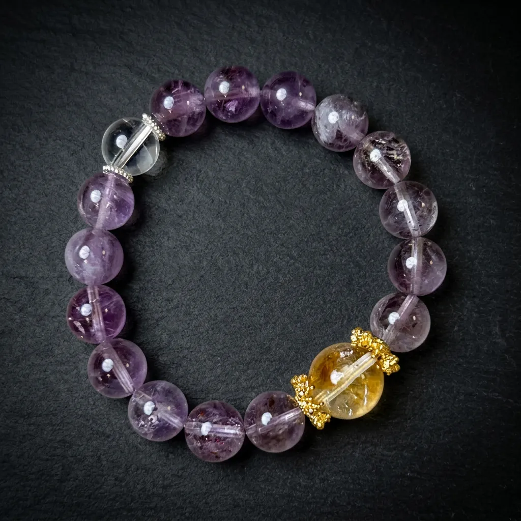 JiStones "Celestial Aura" Bolivian Amethyst & Golden Pyramid Bead Bracelet Deep Violet Bolivian Amethyst (10mm)