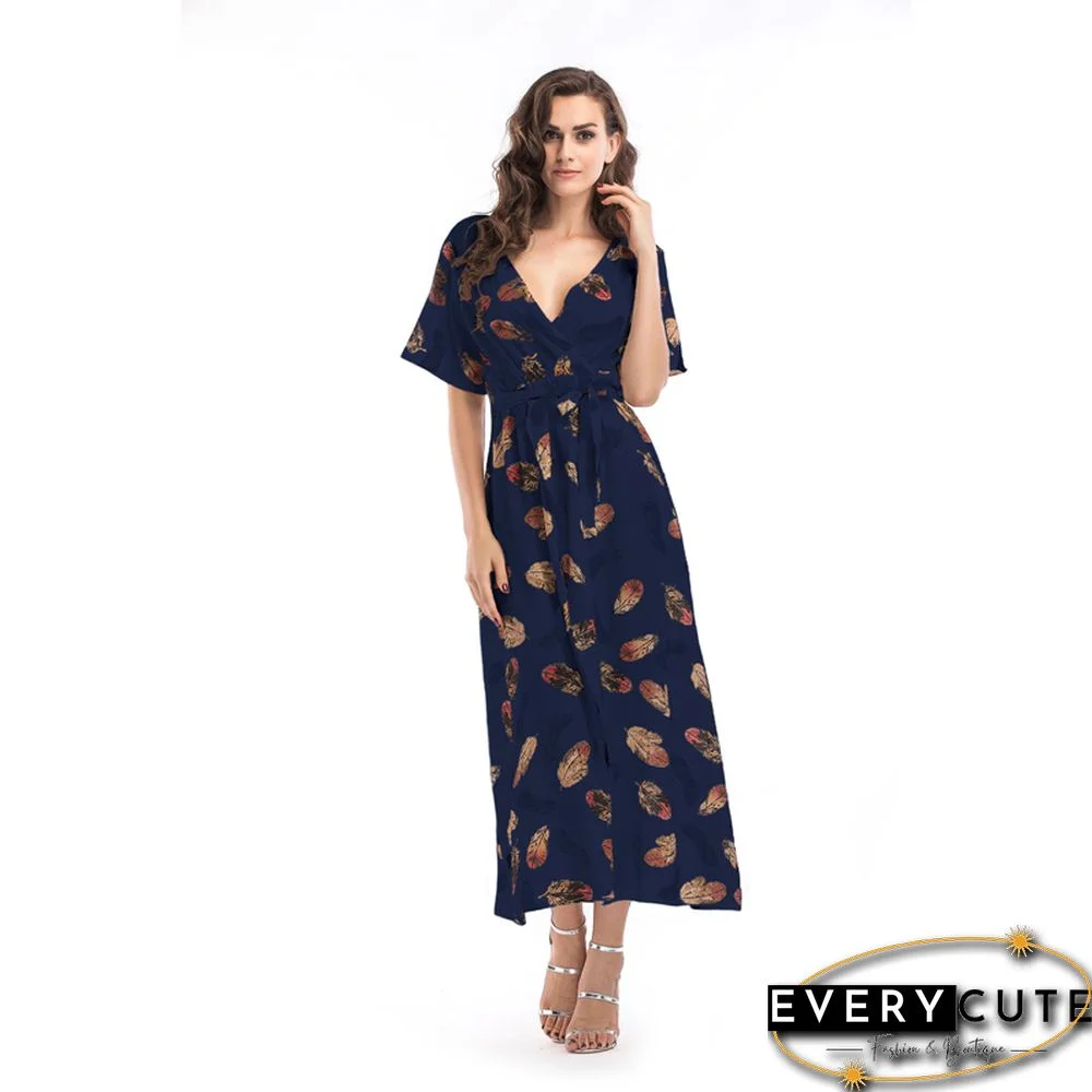 Khaki Short Sleeve Foral Chiffon Boho Dress