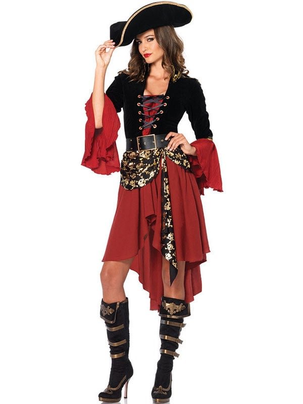 Halloween Costume Pirate Burgundy Patchwork Women Dresses 4 Piece Set Novameme