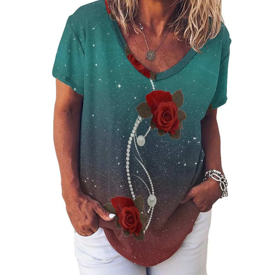 V-neck Short Sleeve Casual T-shirt for  Women Printed with Pattern Floral, Red, Rose, Pearl