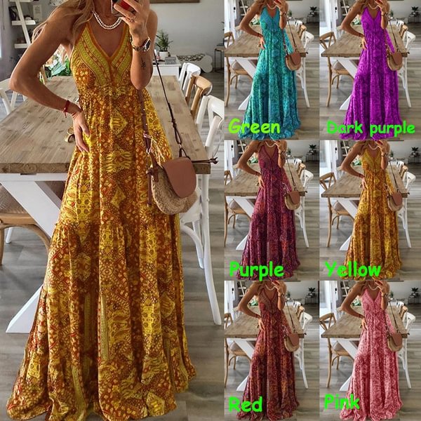 Bohemia Style Women Summer V-neck Casual Beach Maxi Dresses Print Bohemian Plus Size 3XL Vestido - BlackFridayBuys