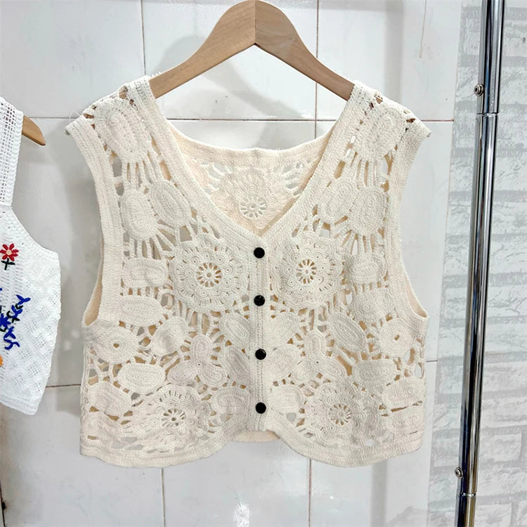 Sheer Crochet Top Embroidery Lace Blouse Cardigan Sleeveless Open-knit Crop Tops for Women Spring Summer Boho Vacation Outfit Aiertu
