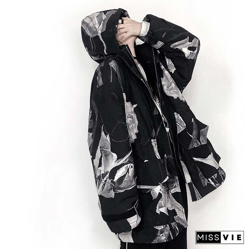 Dry Rose Pattern Print Shirt Hooded Coat