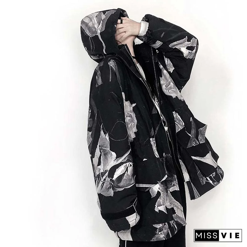 Dry Rose Pattern Print Shirt Hooded Coat